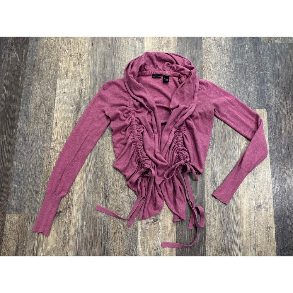 Moda International Pink Cotton Cashmere Hooded Ruched Drawstring Cardigan Small